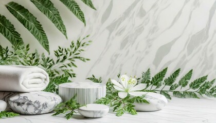 Obraz na płótnie Canvas White marble podium showing a pedestal leaf. white marble cylinder Circular pedestal with green leaves for new products. The focus is on body care, beauty treatment, and wellness, SPA and beauty salon