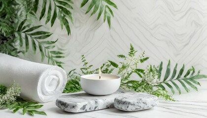 White marble podium showing a pedestal leaf. white marble cylinder Circular pedestal with green leaves for new products. The focus is on body care, beauty treatment, and wellness, SPA and beauty salon