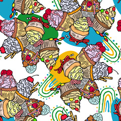 Fototapeta premium Tasty sweet cupcake dessert decorative seamless vector pattern for textile design, fabric print, digital or wrapping, wall paper, background and backdrop, bakery shop decoration, cafe, restaurant menu