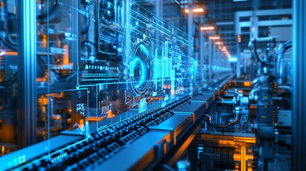 A 3D chart showing real-time factory automation systems in action, factory, dynamic and dramatic compositions, with copy space