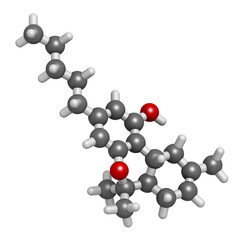 Delta-8-tetrahydrocannabinol (D8-THC) molecule. Isomer of Delta-9-THC. 3D rendering.