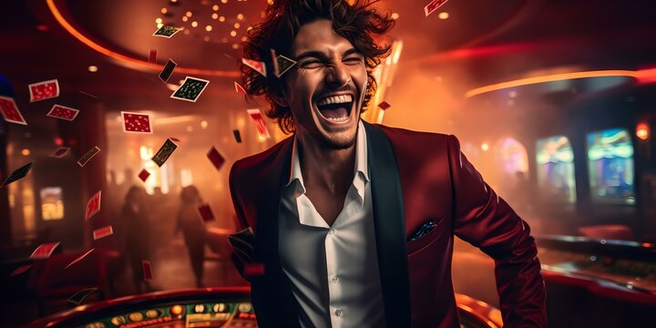 Joyful man celebrates a big win in a dynamic casino setting. cards in the air, excitement and thrill evident. great for gaming promotions. AI