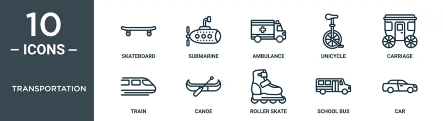 Foto op Aluminium transportation outline icon set includes thin line skateboard, submarine, ambulance, unicycle, carriage, train, canoe icons for report, presentation, diagram, web design © Top Contributor✅