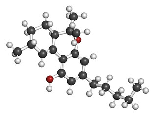 Delta-10-tetrahydrocannabinol (D10-THC) molecule. Isomer of Delta-9-THC. 3D rendering.