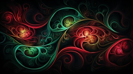 Glowing crimson and emerald swirls intertwining