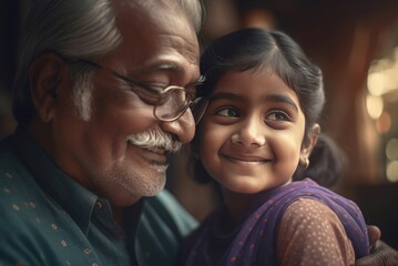 Happy senior with granddaughter. Grandpa with grey hair and little girl. Generate AI