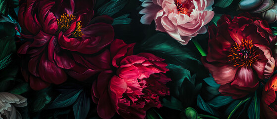 Antique wallpaper of colorful peonies. Rococo style and chiaroscuro lighting. Versailles style. Vibrant resource background. - obrazy, fototapety, plakaty
