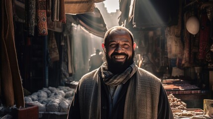 Portrait of a smiling ethnic mature man in front of his shop in a bazaar market