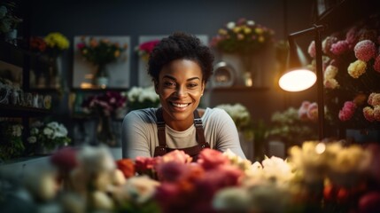 portrait of young african american worker looking at camera among flowers in florist shop - obrazy, fototapety, plakaty