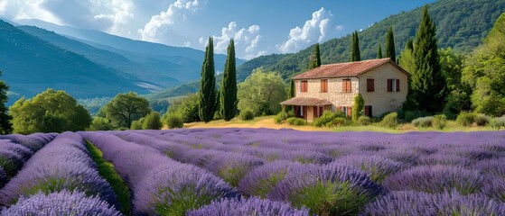 Picturesque lavender fields with rustic house, relaxing nature scene captured on summer day. AI - obrazy, fototapety, plakaty