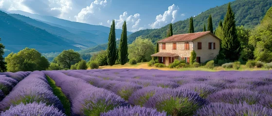 Keuken spatwand met foto Picturesque lavender fields with rustic house, relaxing nature scene captured on summer day. AI © Irina Ukrainets