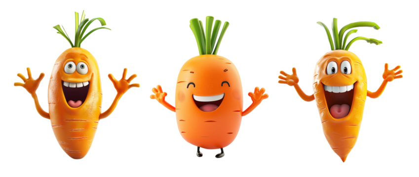 Cartoon character set of happy funny carrots over white transparent background
