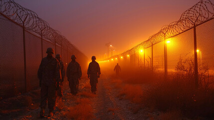 Prison surrounded by barbed wire, police surveillance