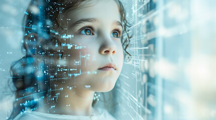 Side view futuristic portrait of little Caucasian girl looking at holographic data visualization