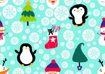 Christmas cartoon doodle seamless Santa and penguin and snowman pattern for wrapping paper and fabrics
