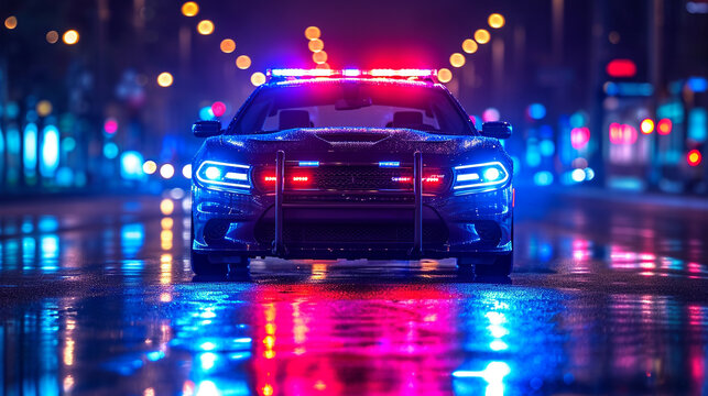 Rainy Evening Patrol: Police Car Navigates City Roads with Vigilance in the Wet Twilight