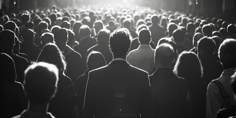 A black and white photo capturing a large crowd of people. This versatile image can be used to...