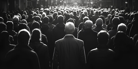 A black and white photo capturing a large crowd of people. This versatile image can be used to depict various concepts and scenarios