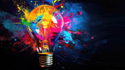 Exploding light bulb with vibrant paint splashes on a black background. Creative idea concept of thinking differently. - obrazy, fototapety, plakaty