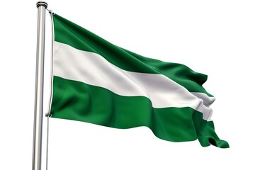 Fluttering green and white striped flag on a metal pole, symbolizing pride and identity. a photorealistic depiction of national colors. AI
