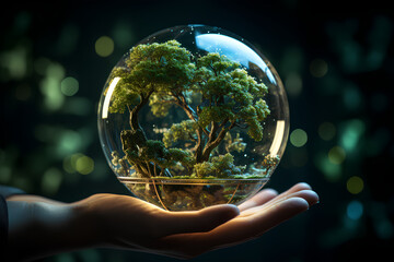 Earth crystal glass globe ball and growing tree in human hand