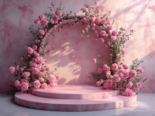 Fototapeta na wymiar Romantic 3D Podium Surrounded by a Dreamy Rose Garden for Valentine's Displays