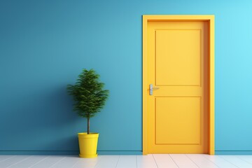 Yellow door in the blue room with a tree in a pot - 3d rendering, Ai Generated