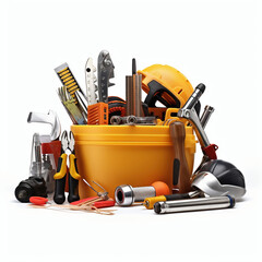 Set of tools in yellow toolbox isolated on a white background.