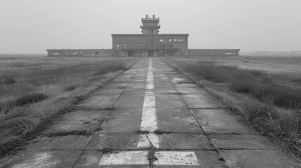 Black and white image of an old abandoned air field