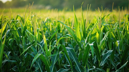 A close-up of lush green biofuel crops, such as corn or sugarcane, used for sustainable energy.