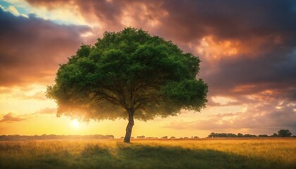 Fototapeta premium Wide angle shot of a single tree growing under a clouded sky during a sunset surrounded by grass