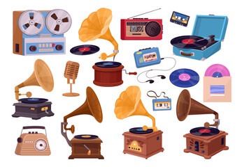 Cartoon retro music players. Vintage audio devices, old school vinyl player, gramophone, radio and vinyl record flat vector illustrations set. Antique music players collection © GreenSkyStudio