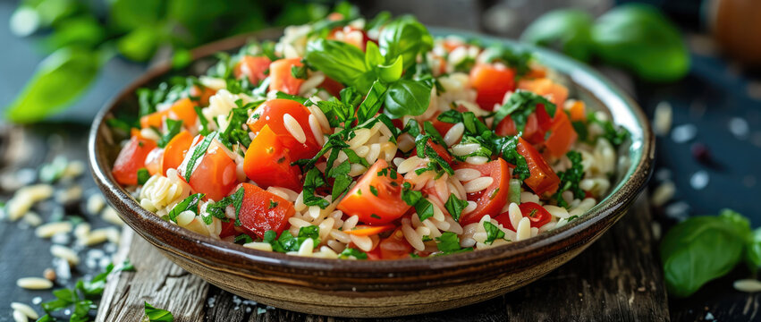 orzo salad with tomatoes and herbs on black table cover, in the style of texture-rich, whistlerian