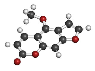 Bergapten or 5-methoxypsoralen molecule. Photosensitizer present in several plants, responsible for causing phytophotodermatitis. 3D rendering.