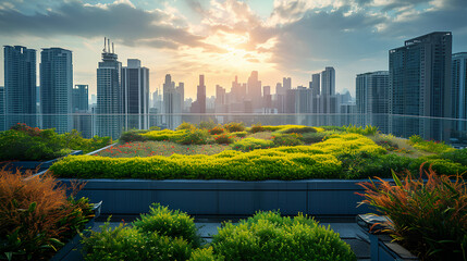 Green rooftop park in urban environment with skyline background