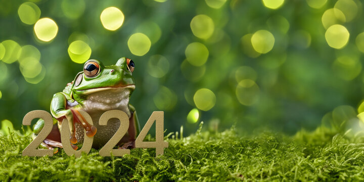 Leap day, one extra day, Leap year 29 February 2024 greeting card. Cute Green Frog Posing with 2024 Numbers on bokeh background.