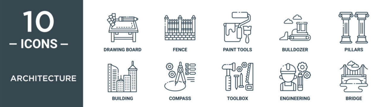 architecture outline icon set includes thin line drawing board, fence, paint tools, bulldozer, pillars, building, compass icons for report, presentation, diagram, web design