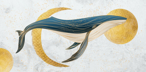 Light luxury art background with a whale on a background of a golden moon or sun. Animalistic banner for decoration, print, poster, wallpaper, interior design, textiles. © VectorART