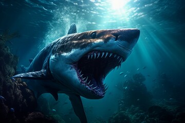 Aggressive hungry shark. Terrible and uncontrollable oceanic predator. Generate AI