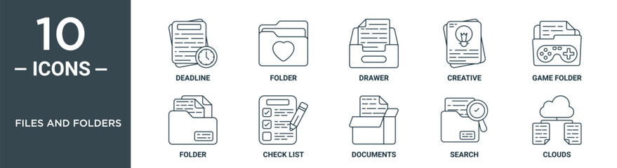 files and folders outline icon set includes thin line deadline, folder, drawer, creative, game folder, folder, check list icons for report, presentation, diagram, web design - obrazy, fototapety, plakaty