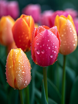 This image captures the delicate beauty of dew-covered tulips glowing with vibrant colors in a lush garden at dawn.