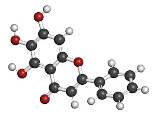 Baicalein flavonoid molecule. 3D rendering.