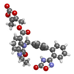 Azilsartan medoxomil hypertension drug molecule. 3D rendering.