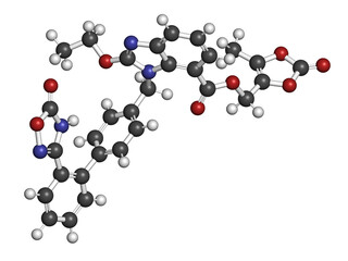 Azilsartan medoxomil hypertension drug molecule. 3D rendering.
