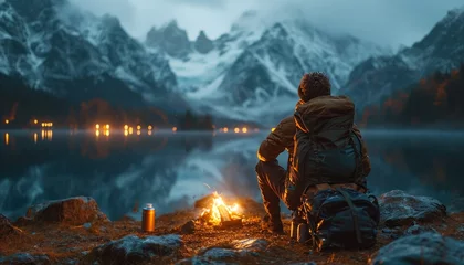 Fotobehang beautiful landscape camping in the mountains background.back view couple sitting by close up on campfire, generative ai © LomaPari2021
