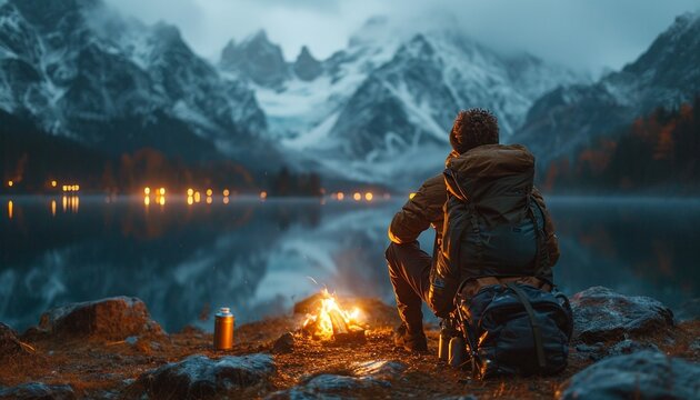 beautiful landscape camping in the mountains background.back view couple sitting by close up on campfire, generative ai