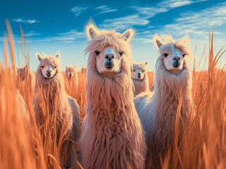 Gruppe von Lamas in einem Feld, Ein helles Lama mit neugierigem Blick