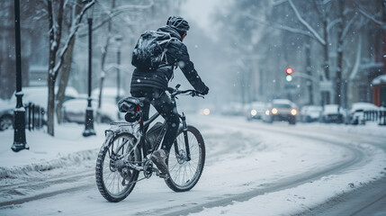 cycling in the city in winter with snow 