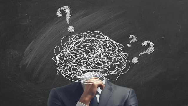 A man in a suit with tangled ball in his head and many question marks. Concept of anxiety, chaotic thought process, confusion, panic, or personality disorder. Clutter in the head, no thoughts or ideas
