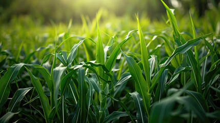 This close-up captures vibrant green biofuel crops like corn or sugarcane, highlighting their role in sustainable energy production.